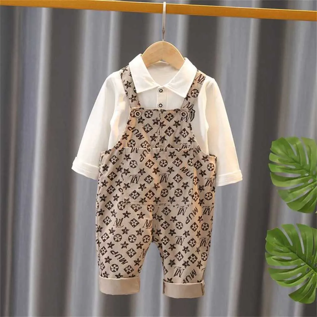 Ins bébé survêtement à manches longues t-shirt décontracté + salopette 2 pièces costume mode enfants coréen garçon imprimé pantalon à bretelles vêtements d'automne GT8YUYC