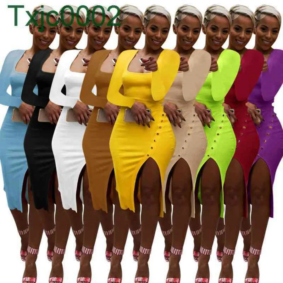 Women Dress Designer Slim Sexy Bodycon Split Dresses Square Collar Solid Color Long Sleeve Maxi Skirt Clubwear Clothes Plus Size 9 Colours
