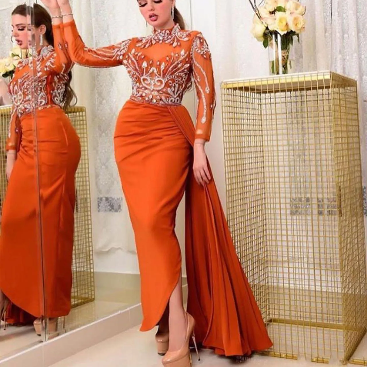 Plus Dark Orange Size Evening Dresses Beaded Crystals 2021 High Neck Overskirt Custom Made Mermaid Prom Party Gown Long Sleeves Vestidos Formal Ocn