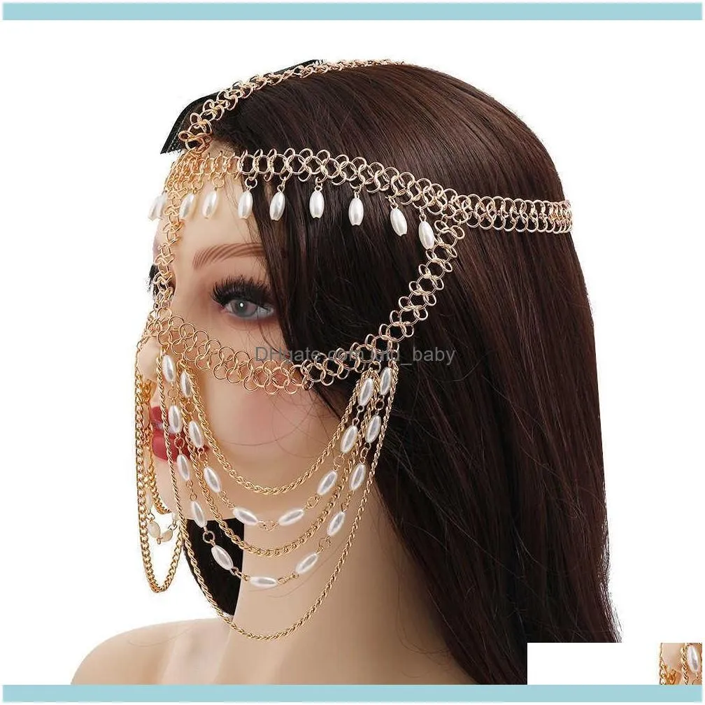 Multi Layer Pearl Tassel Head Chain Cover Face Headpiece Jewelry for Women Luxury Metal Forehead Headband Hair Headdress