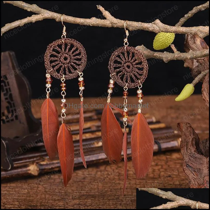 Bohemia Women`s Crystal Red Feather Tassel Earring 2021 Summer Indian Jewelry Tibetan Dream Catcher Dangle Wedding Earrings