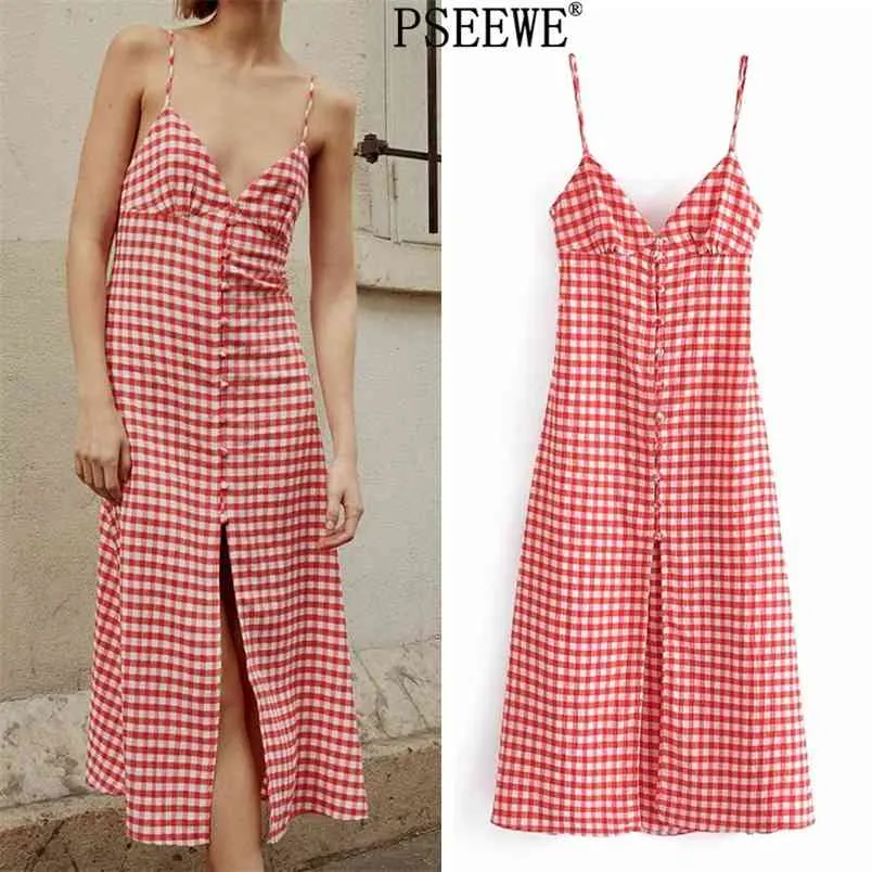 Red Plaid Strappy Long Dress Women V Neck Backless Slip Sexy Woman Dresses Thin Straps Front Slit Summer Sundress 210519