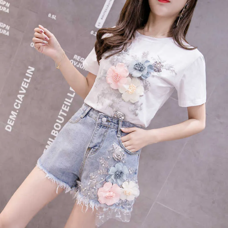 Conjunto de dos piezas para mujer Bordado Flor 3D Camisetas de algodón + Conjuntos de jeans cortos Conjuntos de verano de manga corta Top Tees Shorts 2 piezas 210529