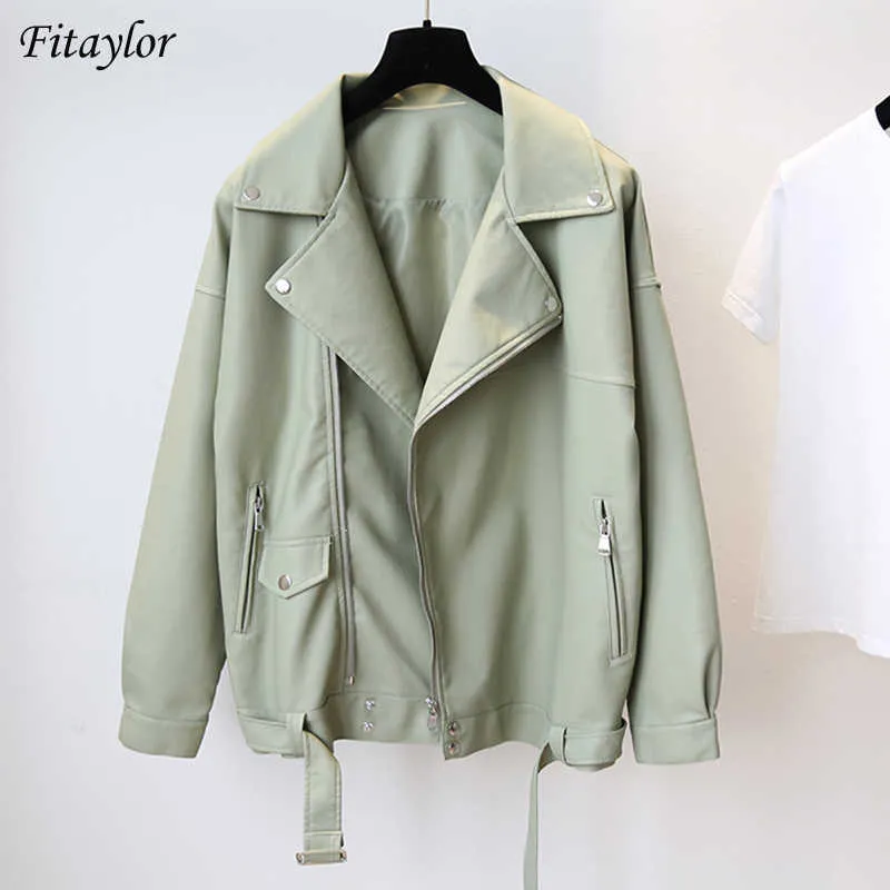 Fitaylor Spring Kobiety Loose Pu Faux Skórzana Kurtka Z Pas Belt Streetwear Moto Rowerzysta Czarny Płaszcz BF Styl Oversized Outwear 210909