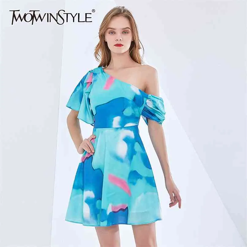 Hit Color Mini Dress For Women Asymmetrical Collar Short Sleeve High Waist Sexy Dresses Female Fashion Clothes 210520