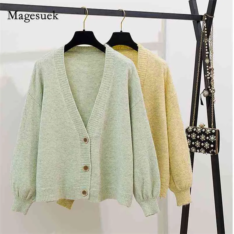 Jesień Oversize V-Neck Knit Cardigan Dziewczyny Znosić koreańskie eleganckie topy zimowe kobiety sweter suite mujer poncho 10865 210518