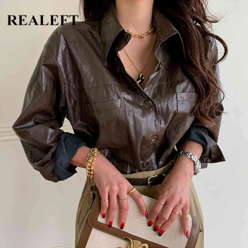 Autumn Winter Vintage PU Faux Leather Women's Blouse Solid Long Sleeve Tops Elegant Loose Shirts Office Lady 210428