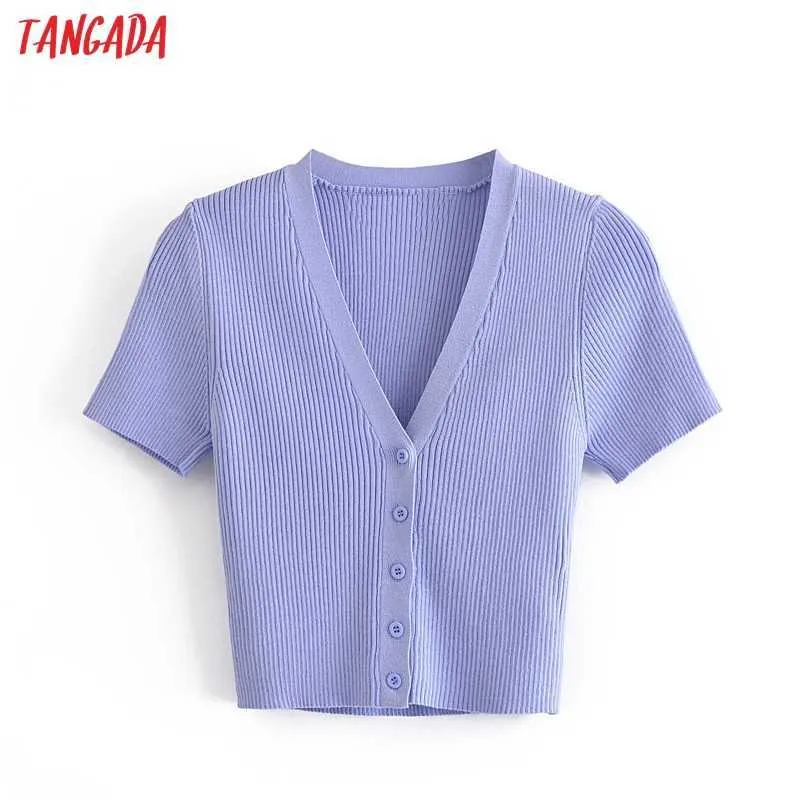 Tangada Korea Chic Women Summer Purple Crop Sweater Short Sleeve Ladies School Style Knitted Jumper Tops SW18 210609