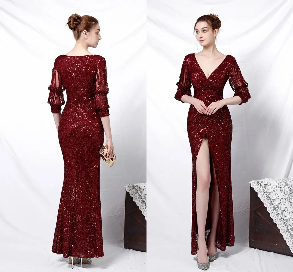 Luxury Bling Burgundy Prom Formell Klänning Tassel Långärmad V-Neck Robe de Soirée Femme Mermaid Full Length Aftvrack