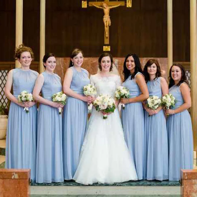 Robes de demoiselle d'honneur de couleur bleu ciel clair Une ligne bijou cou en mousseline de soie longue longueur de plancher printemps été robes de demoiselle d'honneur mariage invité sur mesure, plus la taille disponible