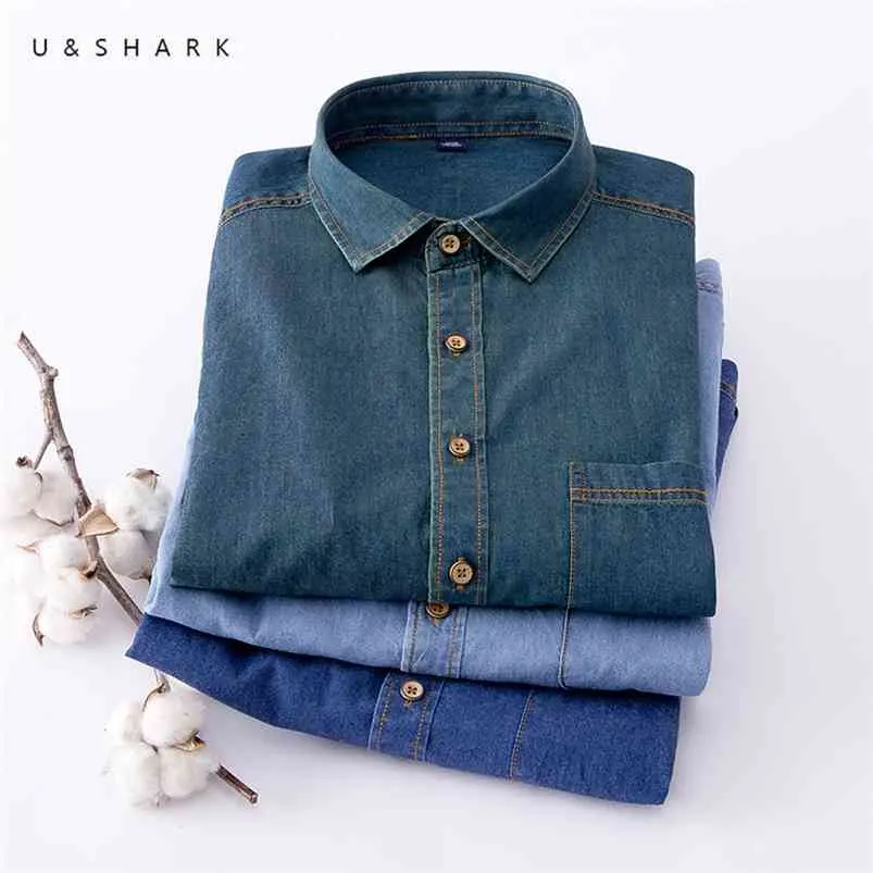 USHARK Bleu Denim Chemise pour Hommes Casual Cowboy s Coton À Manches Longues Vintage Homme Vêtements De Mode Élégant Chambray 210721