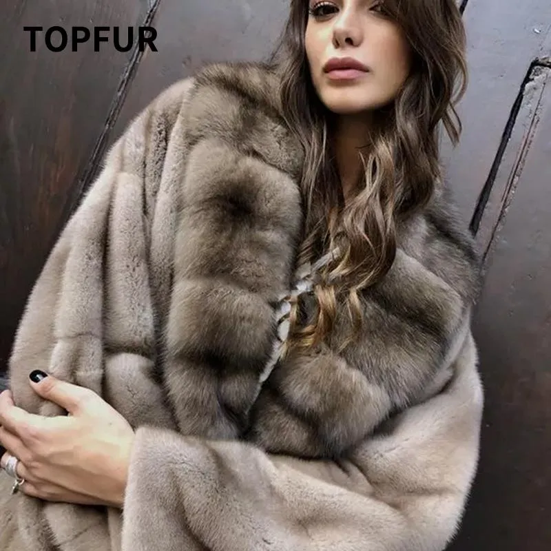 Women's Fur & Faux TOPFUR Real Natural Mink Coat Women Winter Long Jacket Warm Vintage Female