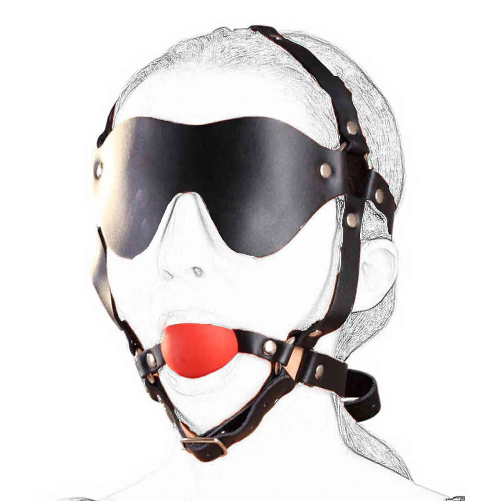 NXY Spielzeug für Erwachsene camaTech Leder-Kopfgeschirr mit Augenbinde, fester Silikon-Maulkorb, Ballknebel, festgeschnallt, am Mund festgeschnallt, Bondage-Fetischspielzeug 1201