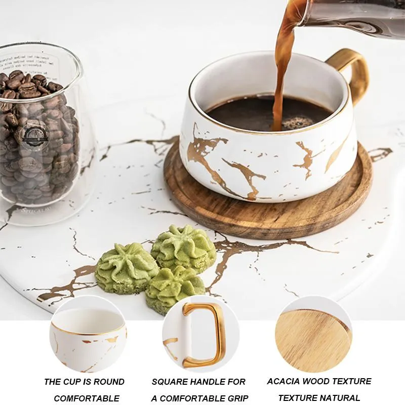 創造性ノルディックスタイルのゴールドセラミックマグ大理石のティーコーヒーカップ豪華なウォーターカフェミルクとソーサーセットマグカップ