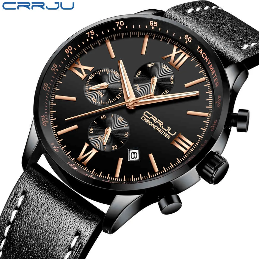 Crrju Mäns Chronograph Läder Armbandsur Militär Sport Vattentät Klocka Manlig Business Casual Fashion Dress Quartz Klockor 210517