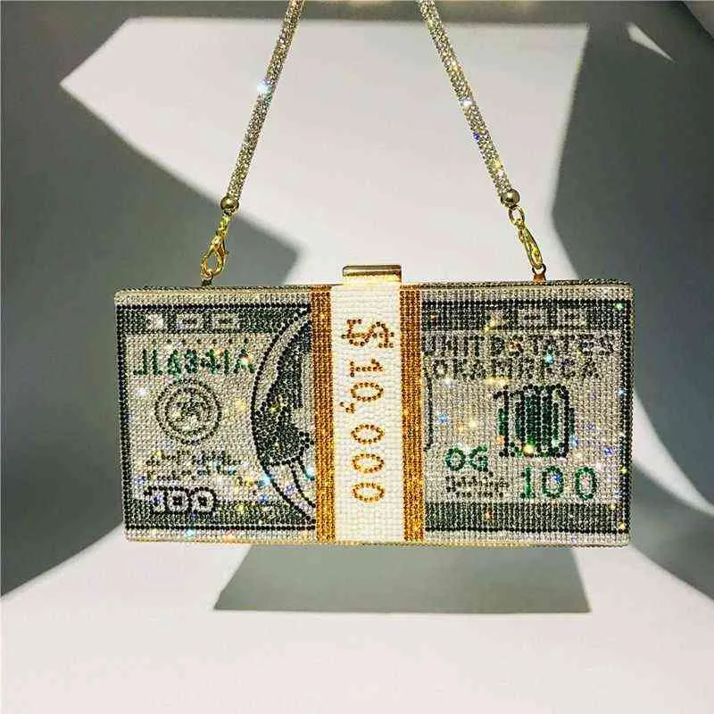 Creative Fashion New Money Clutch Rhinestone Purse 10000 Dollars Stack Bags Of Cash Evening Handbags Shoulder Wedding Dinner Bag X220331 From 13 49 DHgate