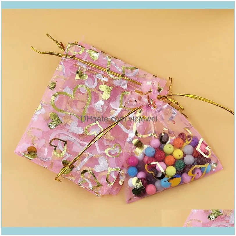100pcs/lot 13x18cm Pink Organza Bag Hearts Design Wedding Gift Bags Cute Jewelry Candy Gifts Packaging Bag Organza Pouches