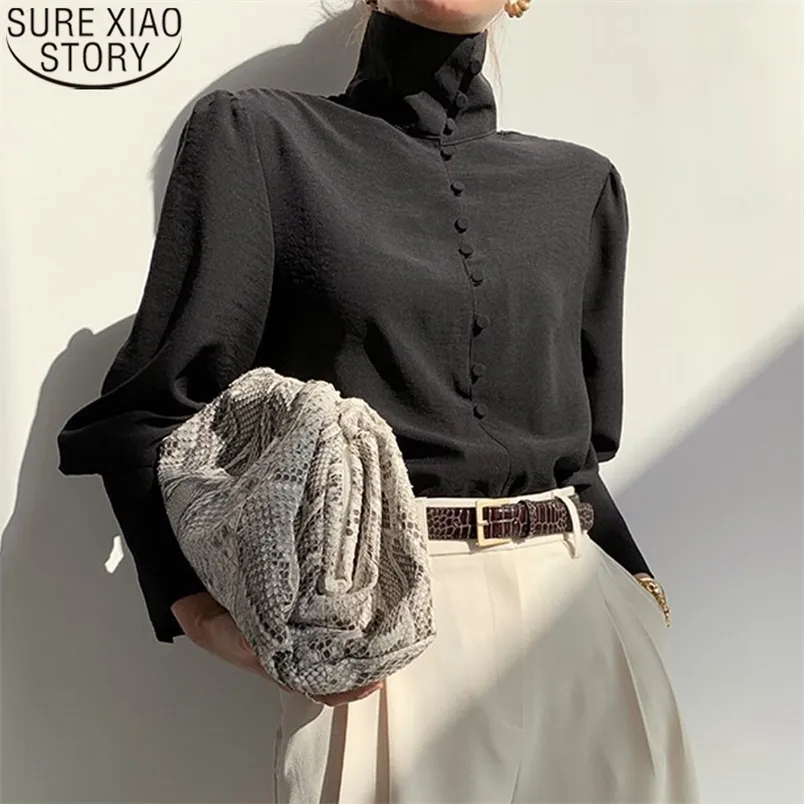 Turtleneck Lantern Sleeve Shirts for Women Elegant Black Blouse Office Lady Fashion Button Solid Female Clothing 12882 210506