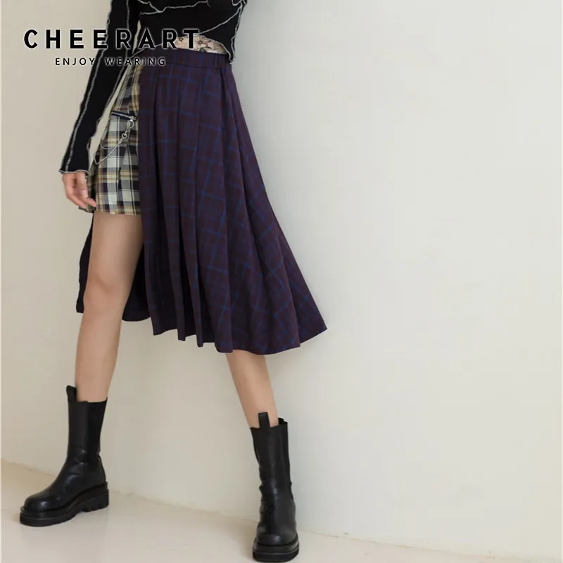 Patchwork Plaid Asymmetrical Skirts Womens Autumn High Waist Long Midi Skirt Blue Purple Fashion Clothing 210427