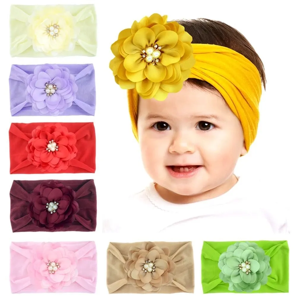 Kids Chiffon Flower Nylon Headbands Baby Pearl Lace Flower Nylon Headband Children Girls Hair Accessories 15 Color Pick