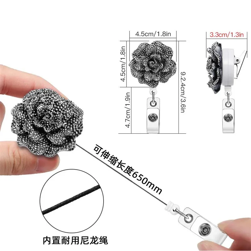 Retractable Badge Holder with Alligator Clip Flower Shaped AB Rhinestones 24 inch Retractable Cord ID Badges Reel for School Office