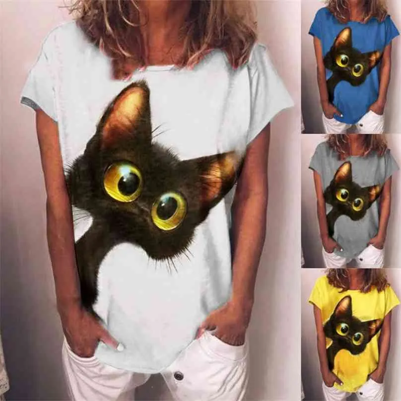 Camiseta con estampado de gato de verano para mujer Tops Casual Camisa de manga corta suelta Tallas grandes Ropa de algodón Camiseta femenina para mujeres 210720