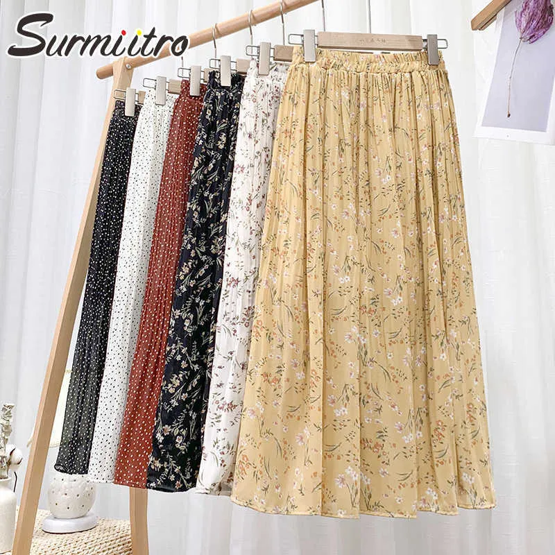 Surmiitro mode zomer lange rokken vrouwen Koreaanse stijl floral chiffon esthetische hoge taille geplooide midi rok vrouw 210712