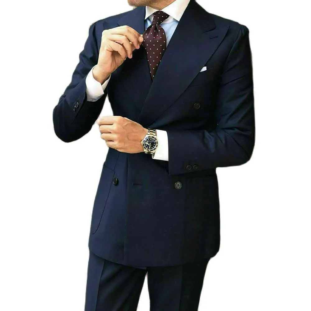 Marineblaue Business-Büro-Männeranzüge mit zweireihigem Bräutigam-Smoking für Hochzeit, Abschlussball, formelle Slim-Fit, männliches Modekostüm X0909