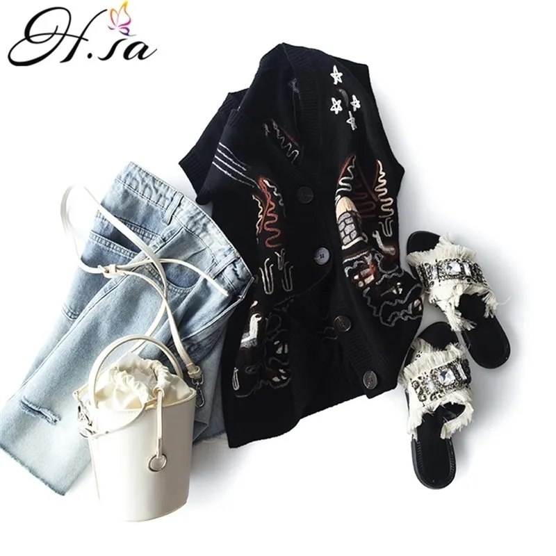 Vrouwen Fall Kleding Gebreide Vesten V-hals Button Up Losse Borduurwerk Mode Jumpers Chique Punk Vest Trui Ponchoes 210430