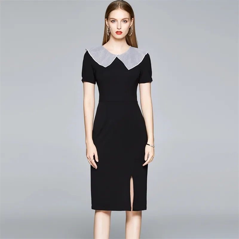 Mode Runway Style Vintage Black Dress Summer Women Knee-Lengh O-Neck Sexig Split Party Vestidos 210520