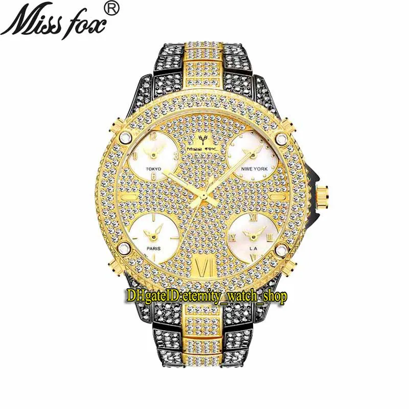 MISSFOX eternity V305 Hip hop Fashion Mens Watches 51MM CZ Diamond inlay Multi Dial Quartz Movement Men Watch Iced Out Diamonds Bezel Alloy Case Black Gold Bracelet