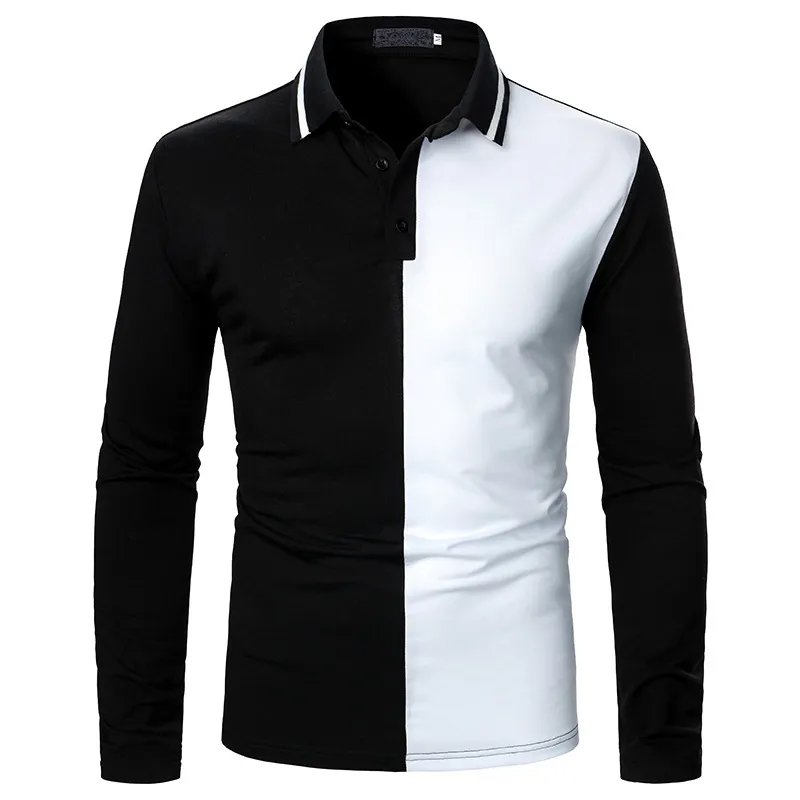 Zwart-wit Contrast Polo Shirts Mannen Lange Mouwen Casual Heren T-shirt Slank Ademend Polo Para Hombre Patchwork ColorBlock 210524