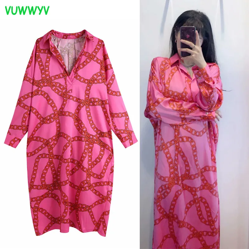 Vuwwyv moda rosa oversized impressão midi vestido mulheres verão elegante casual blusa mulher manga longa colarinho vestidos 210430