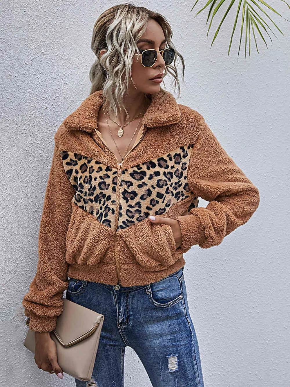 【GOLDEN BEAR】 (WOMEN) Short Sleeve Fleece Jacket / 追跡付 Ladies Leopard Jacket: Patchwork Fleece Short Coat With