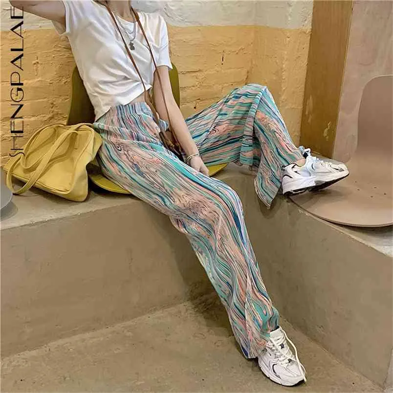 Pantalon de teinture de cravate d'été pour femmes taille élastique haute taille droite pantalon lâche mode féminine 5C803 210427