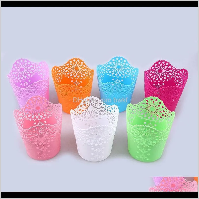 7 color newest lace hollow out makeup brush pen storage holder desk organizer flower vase pot