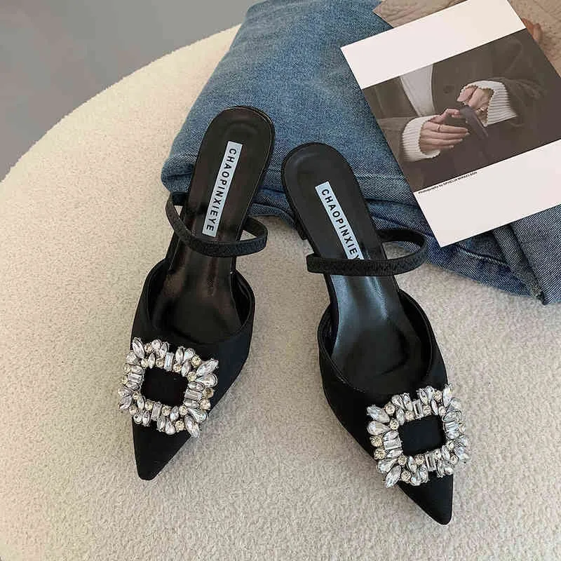 Dress Shoes women Pumps luxury Crystal Slingback High heels Summer ladies Comfortable Sexy Pointed Toe Slip-on Party Wedding 220303