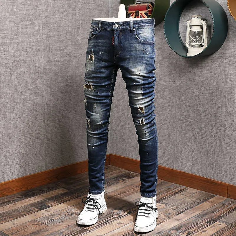 Włoski Styl Moda Mężczyźni Jeans Retro Dark Blue Elastyczna Bawełna Ripped Wysokiej Jakości Vintage Designer Slim Punk Spodnie DEU5
