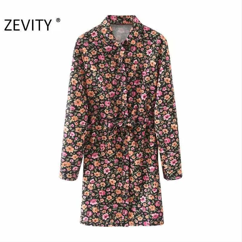 Zevity Jesień Kobiety Moda Skręcić Kołnierz Kwiat Drukuj Koszula Sukienka Biuro Damskie Chic Łok Kręty Sashes Casual Vestido DS4574 210603