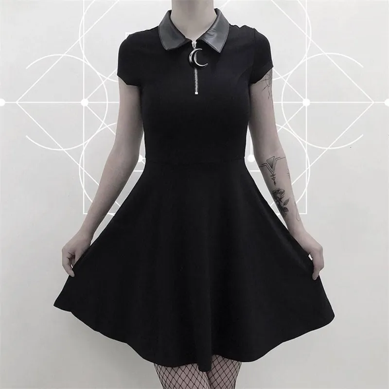 Mini vestidos góticos Mujer Negro Street Punk Cremallera Verano Estilo preppy Chica Elegante Goth Plisado Casual Camisa Vestidos Elbise Q50 210325
