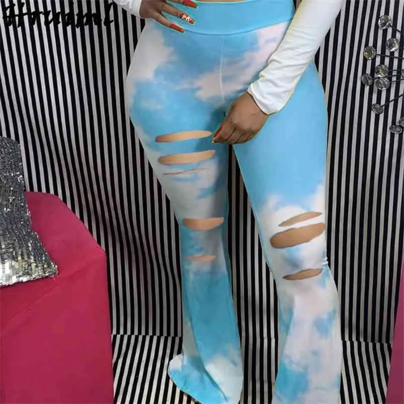 女性のズボンファッションネクタイ染料ハイウエストフレアレディース弾性ホールカジュアルスウェットパンツロングズボンジョガーストリートウェア210513