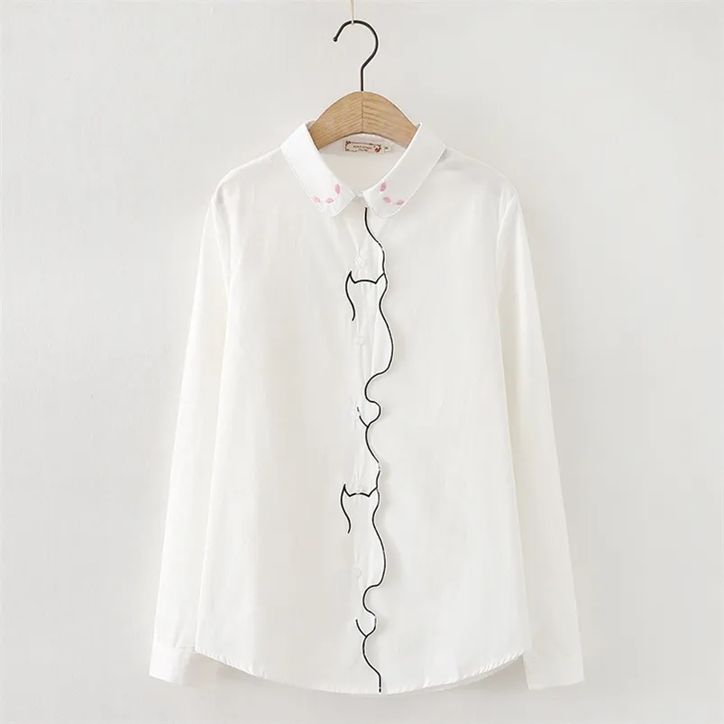 HSA Placket Cat Embroidered Button Long Sleeve Loose Female Kawaii Blouses Women Blouse Turn-Down Collar Sweet Shirt Tops 210430