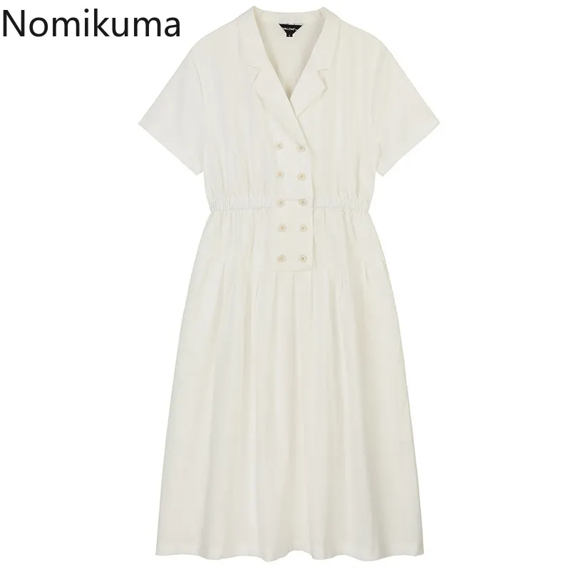 Nomikuma Vintage robe élégante femmes couleur unie Double boutonnage robes à manches courtes col cranté été Vestidos Mujer 210514