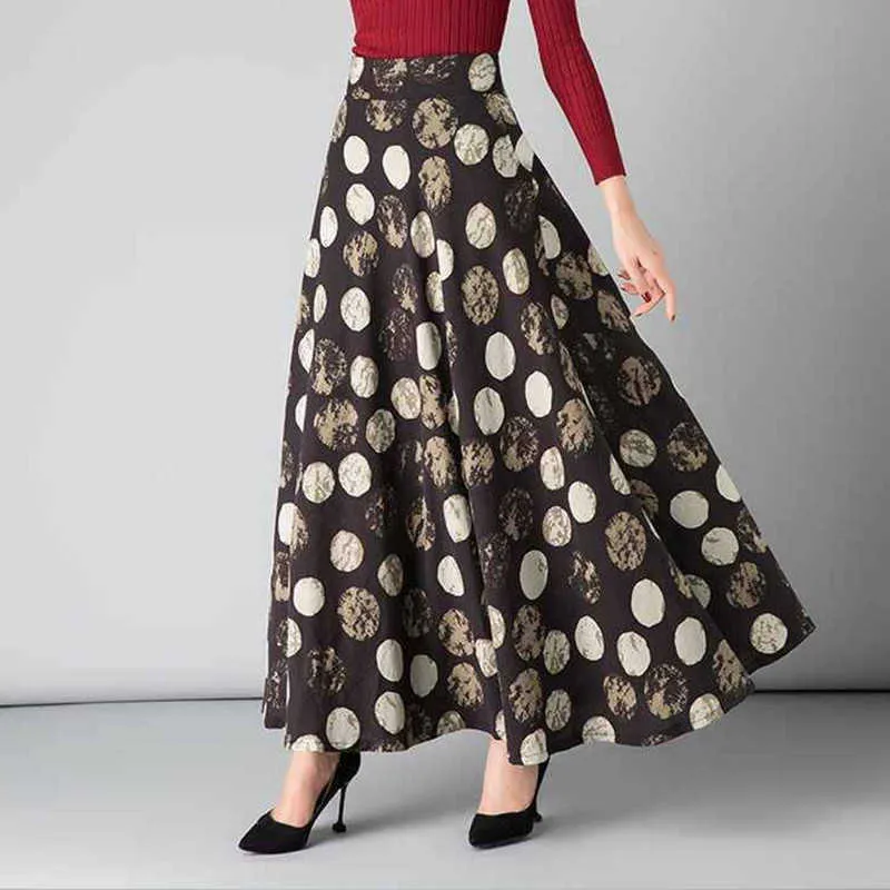 Mamma bomull och linne tryckt lång kjol kvinna vintage plus storlek elastisk hög midja maxi kjol kvinnlig ficka stor swing streetwear 210619