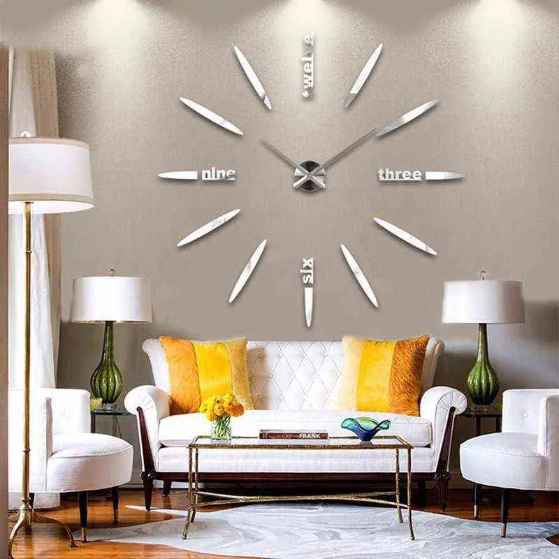 Relógio de parede de quartzo 3D Design moderno design de parede de relógio de parede espelho de parede grande relógio de decoração grande para casa sala de estar H1230