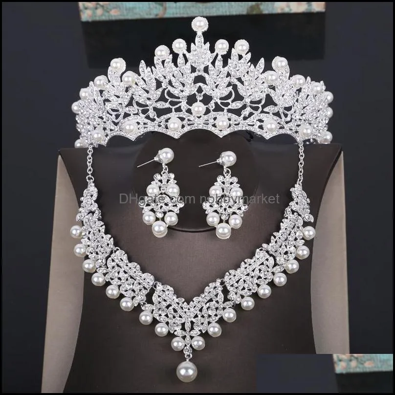 Earrings & Necklace Crystal Pearl Costume Jewelry Sets Rhinestone Statement Fashion Crown Tiaras Set Women Wedding