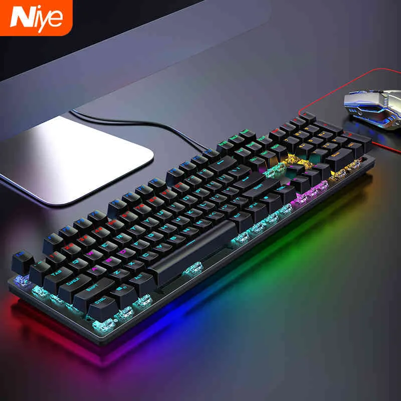 Niye Wired Mechanical PC Gamer Gaming Kit Brown Black Blue Switch Keycaps Rainbow RGB Bakgrundsbelysning Datortangentbord