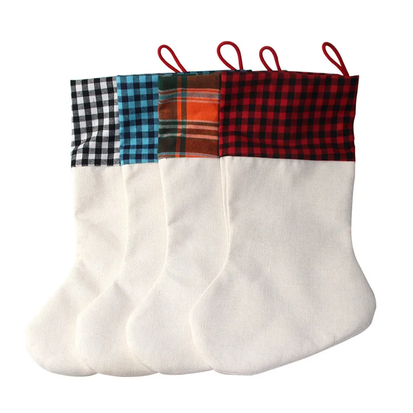 Sublimación búfalo a cuadros navidad medias 4 colores en blanco halloween calcetines de caramelo santa regalo bolsa de Navidad oranment cyz3281