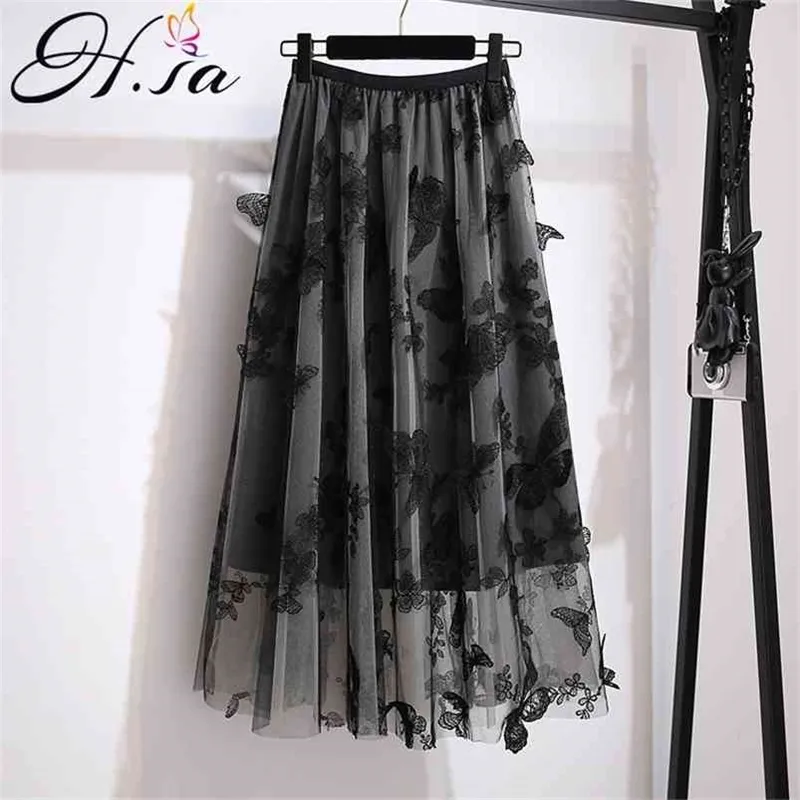 Hsa原宿女性のスカートカワイイTraf Chiffon Gauze Long Faldas Butterfly刺繍Lining Skirt Faldas Largas 210430