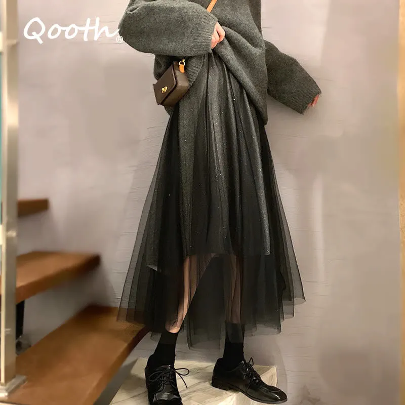 Qooth mesh gasbind kjol vår höst koreansk stil fe stor midja tunn all-match mitt längd a-line qt528 210518